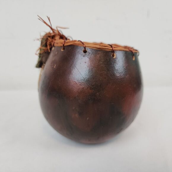 Hand Painted Gourd Bowl Handmade Art Feathers Agate Signed Brown Green - Picture 10 of 11